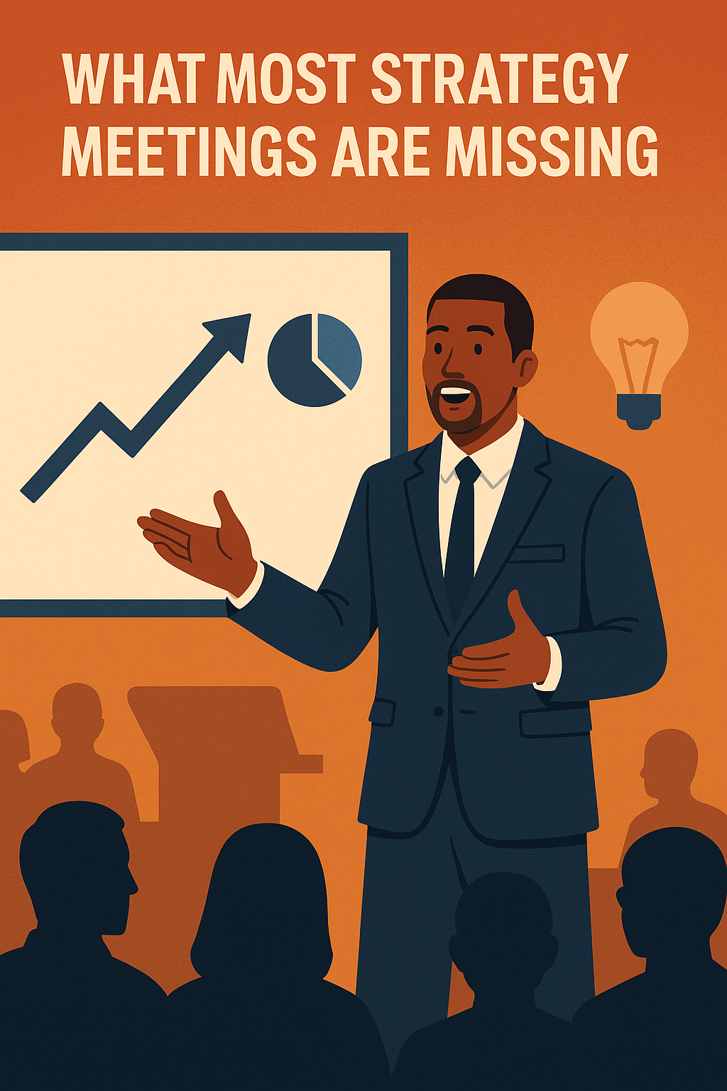 Illustration of a confident male keynote speaker in a navy blue suit presenting at a business strategy meeting. He gestures passionately in front of a large screen displaying a rising arrow and pie chart. The bold white headline reads 