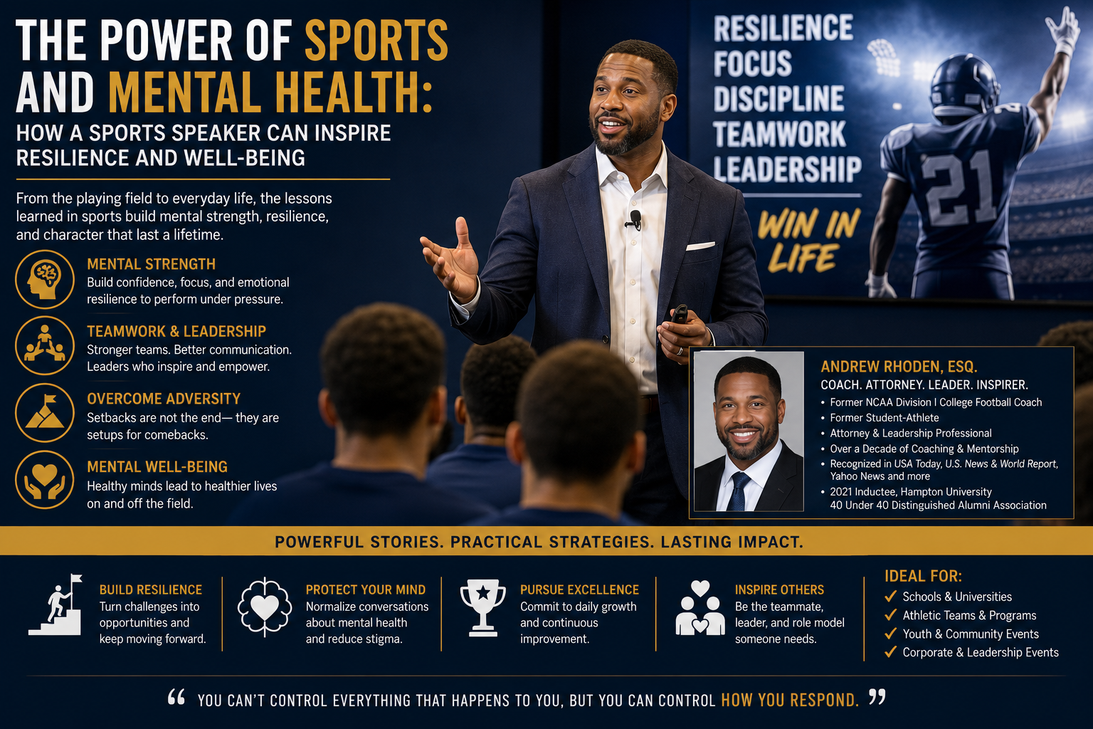 Sports leadership speaker delivers an inspiring presentation on resilience, mental health, teamwork, and personal growth to an audience, drawing from experience in athletics and leadership to motivate lasting success.