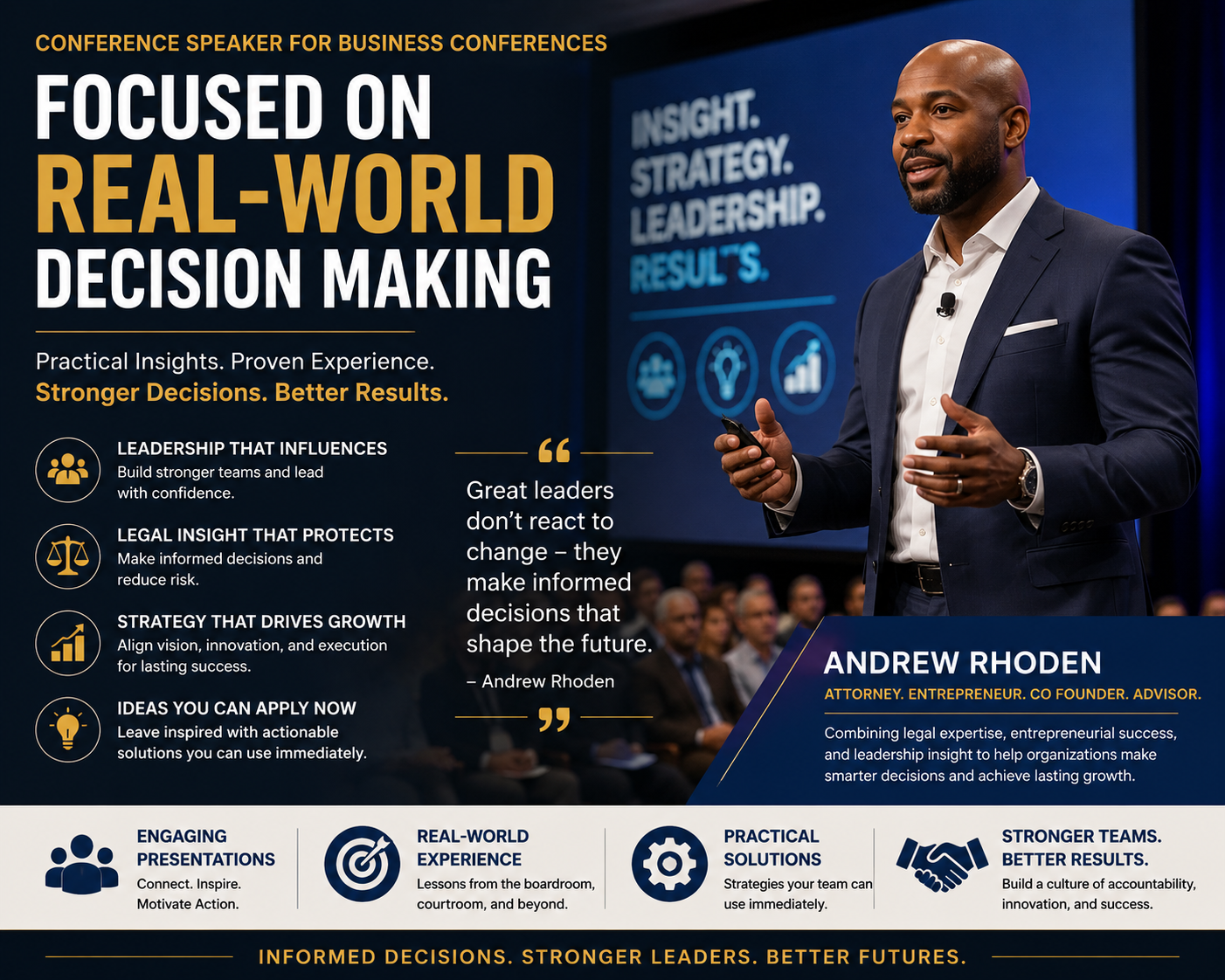 Professional business speaker presenting on stage at a corporate conference with the headline