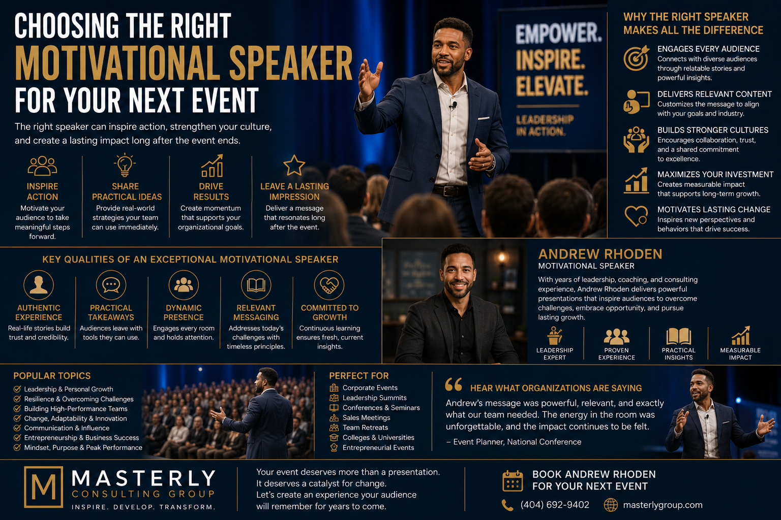 Professional motivational speaker presenting at a corporate conference, highlighting leadership development, team inspiration, organizational growth, and keynote speaking services for business events and leadership summits.