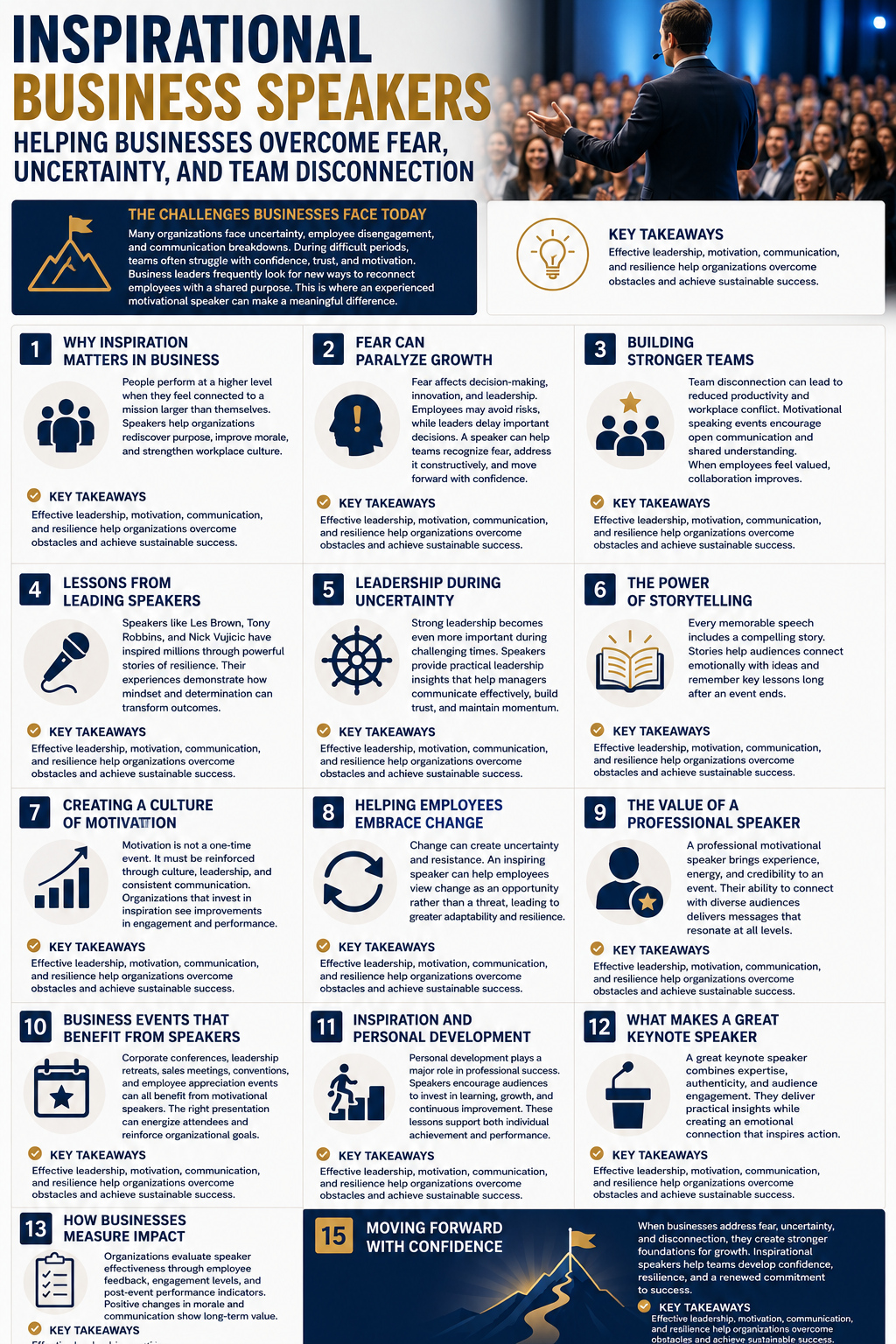 Inspirational Business Speakers Helping Businesses Overcome Fear, Uncertainty, and Team Disconnection.” The design uses a sophisticated navy blue, white, and gold color palette. At the top, a keynote speaker stands on stage addressing a large audience, symbolizing leadership, inspiration, and organizational transformation.
The infographic explores how motivational speakers help businesses navigate challenges such as employee disengagement, communication breakdowns, uncertainty, and declining morale. A featured section titled “The Challenges Businesses Face Today” explains how organizations often struggle with confidence, trust, and motivation during difficult periods and how experienced speakers can help reconnect teams with a shared purpose.
A highlighted “Key Takeaways” section emphasizes that effective leadership, motivation, communication, and resilience are essential for overcoming obstacles and achieving sustainable success. The infographic is organized into numbered sections covering key topics, including the importance of inspiration in business, overcoming fear, building stronger teams, lessons from leading speakers, leadership during uncertainty, storytelling, creating a culture of motivation, helping employees embrace change, and the value of professional motivational speakers.
Additional sections discuss business events that benefit from keynote speakers, personal development, characteristics of great keynote speakers, measuring the impact of speaking engagements, and moving forward with confidence. Each section includes icons representing leadership, teamwork, growth, communication, achievement, and resilience.
The overall message emphasizes that inspirational business speakers help organizations strengthen workplace culture, improve communication, increase employee engagement, and develop the confidence needed to overcome challenges and achieve long-term success.