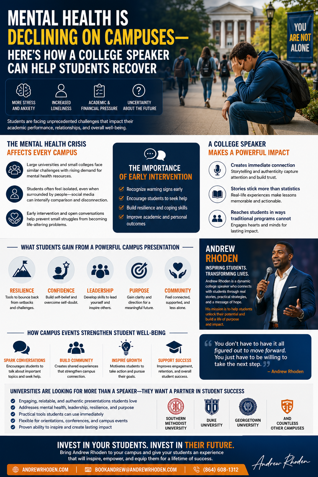 Mental Health Is Declining on Campuses—Here’s How a College Speaker Can Help Students Recover.” The design features a college campus setting with students walking between academic buildings and a student sitting alone, visibly stressed, symbolizing the growing mental health challenges facing college students. A banner reading “You Are Not Alone” reinforces the message of support and connection.
The infographic highlights key student concerns, including increased stress and anxiety, loneliness, academic and financial pressure, and uncertainty about the future. Sections explain how mental health challenges affect students at all types of colleges and universities and emphasize the importance of early intervention through awareness, resilience-building, help-seeking behaviors, and proactive support.
Another section illustrates how a college speaker can create immediate connections with students through storytelling, authenticity, and relatable experiences. Benefits highlighted include resilience, confidence, leadership development, purpose, and stronger community engagement. A featured profile introduces Andrew Rhoden, describing him as a college keynote speaker focused on inspiring students, building confidence, and helping young adults overcome adversity through practical strategies and real-life experiences.
Additional sections explain how campus events strengthen student well-being by sparking conversations, building community, inspiring growth, and supporting student success. The infographic concludes with a call to action encouraging colleges and universities to invest in student mental health, resilience, leadership development, and long-term success through impactful campus speaking programs. The overall design uses a professional navy blue, white, and orange color palette with modern icons and educational graphics.