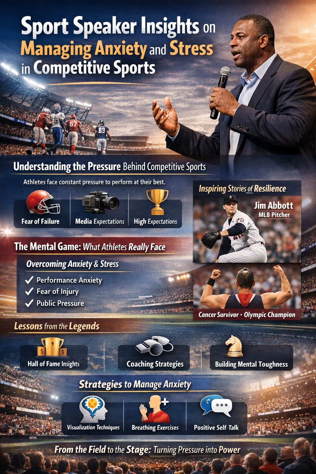 Sport Speaker Insights on Managing Anxiety and Stress in Competitive Sports” featuring a keynote speaker in a stadium, with sections on performance pressure, mental challenges, athlete resilience stories like Jim Abbott, and strategies such as visualization, breathing exercises, and positive self-talk.