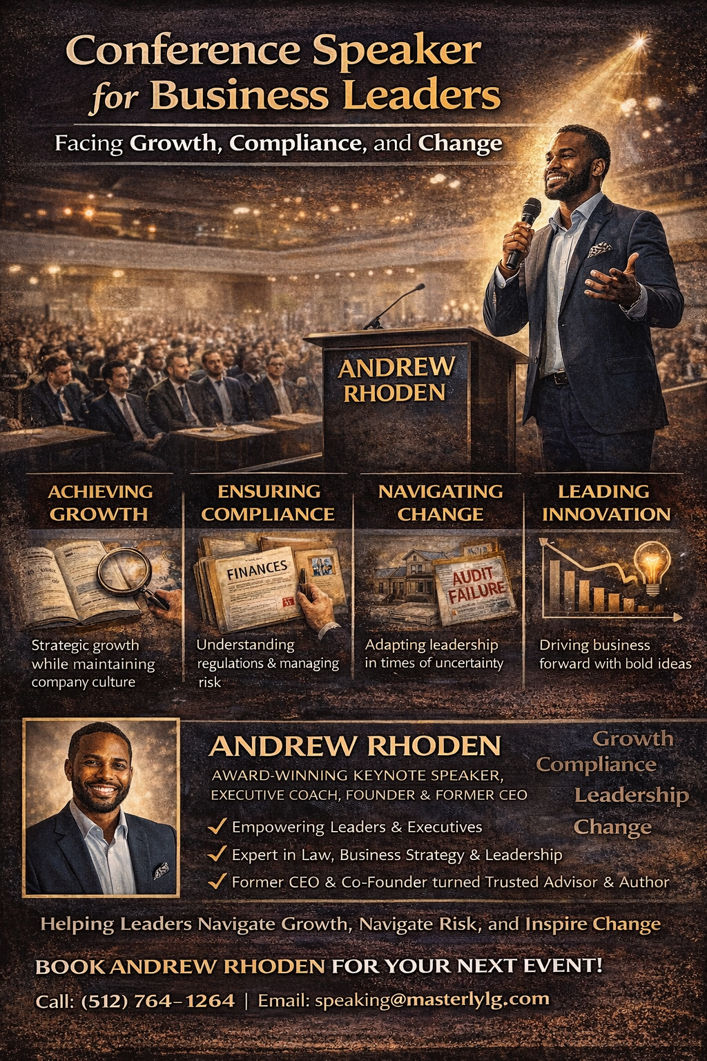 Conference Speaker for Business Leaders Facing Growth, Compliance, and Change.” The design uses dark navy and gold tones with a large image of Andrew Rhoden speaking confidently on stage at a podium before a large audience of business professionals.