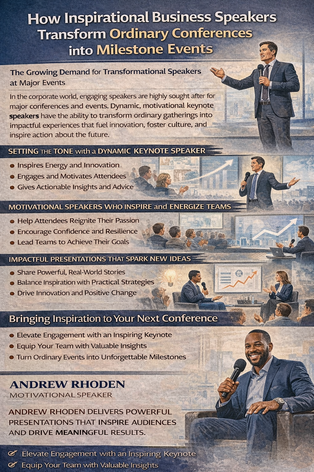 How Inspirational Business Speakers Transform Ordinary Conferences into Milestone Events.” The graphic shows a motivational keynote speaker addressing a business audience and explains the growing demand for transformational speakers at conferences. Sections highlight the role of a dynamic keynote speaker in setting the tone for an event, inspiring energy and innovation, engaging attendees, and delivering actionable insights. Another section describes how motivational speakers energize teams by helping attendees rediscover their passion, build confidence and resilience, and achieve their goals. Additional panels emphasize impactful presentations that share real-world stories, balance inspiration with practical strategies, and drive innovation and positive change. The infographic concludes with a call to bring inspiration to the next conference and features motivational speaker Andrew Rhoden delivering engaging presentations that inspire audiences and produce meaningful results.