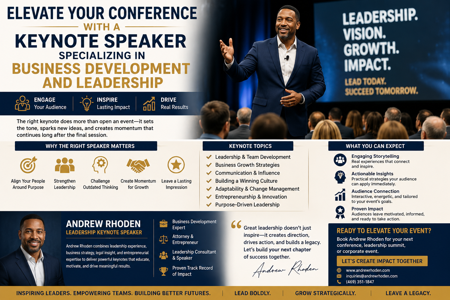 Professional conference marketing infographic promoting Andrew Rhoden as a keynote speaker specializing in business development and leadership. The image features Andrew Rhoden speaking confidently on stage before a large audience in a corporate conference setting. Large bold text highlights leadership, vision, growth, and impact. The infographic includes sections about keynote topics such as leadership development, business growth strategies, communication, innovation, and culture building. Additional sections explain what audiences can expect, including engaging storytelling, actionable insights, audience connection, and motivational impact. The design uses navy blue, gold, and white corporate branding with icons representing leadership, teamwork, growth, and strategy. A professional headshot of Andrew Rhoden appears at the bottom alongside business credentials, contact information, and a call to action encouraging organizations to book him for conferences and leadership events.