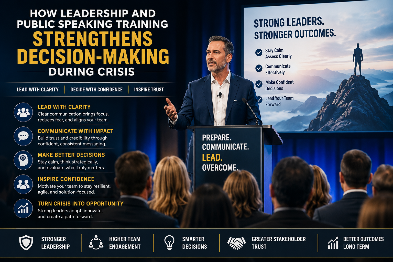 Leadership keynote speaker teaching public speaking and crisis decision-making at a corporate leadership conference