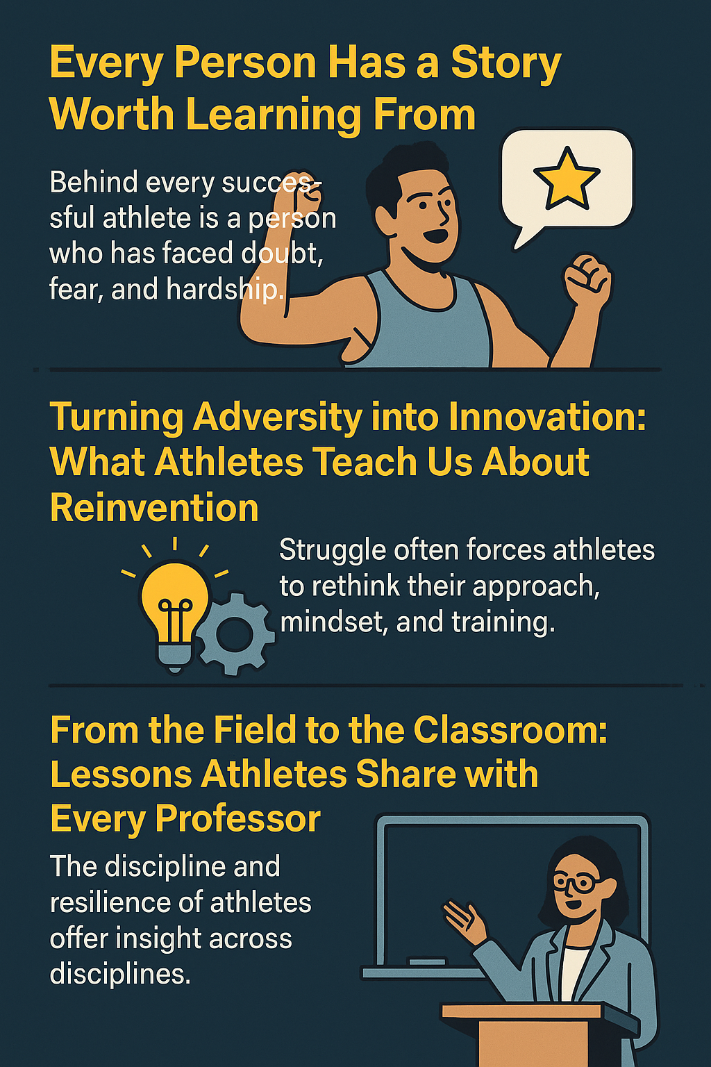 Every Person Has a Story Worth Learning From – Features an illustration of a smiling athlete in a tank top with raised fists and a speech bubble containing a star, emphasizing the personal battles behind success.