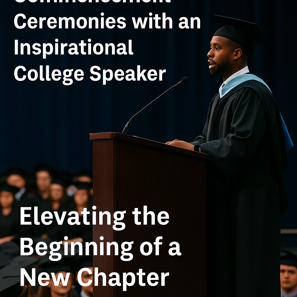 A Black male speaker in academic regalia delivers an inspiring speech at a college commencement ceremony, standing confidently at a podium with a microphone. Graduates in caps and gowns are visible seated in the background. Bold white text reads, 