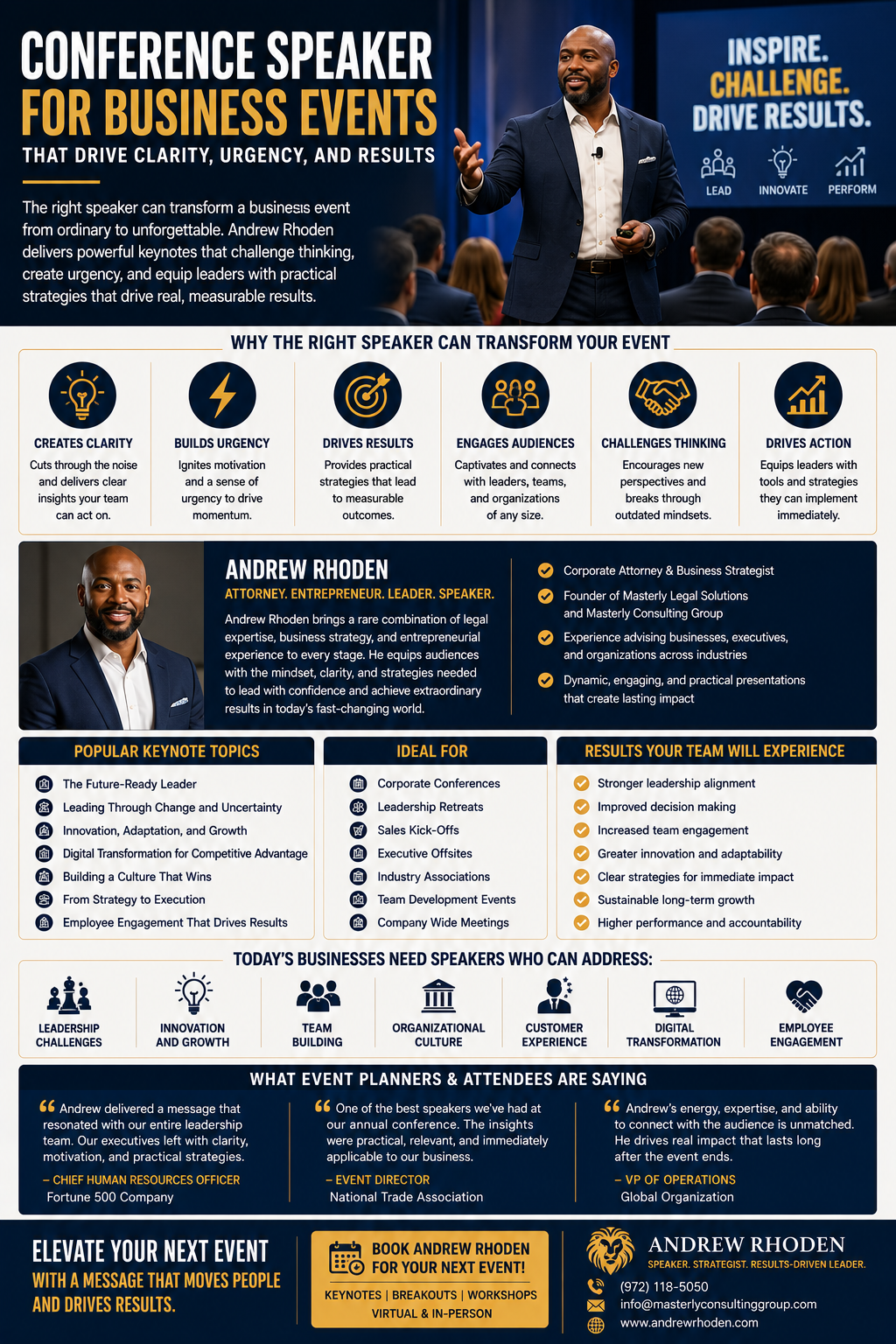 Conference Speaker for Business Events That Drive Clarity, Urgency, and Results.” The flyer features Andrew Rhoden speaking confidently on stage before a business audience while a large screen behind him displays motivational phrases such as “Inspire. Challenge. Drive Results.” The design uses a navy blue, gold, and white corporate color scheme with modern business graphics and icons. Multiple sections explain how the right keynote speaker can transform business conferences, leadership retreats, executive meetings, and corporate events by creating urgency, improving decision-making, increasing engagement, and driving measurable results. A featured biography describes Andrew Rhoden as an attorney, entrepreneur, business strategist, and founder of Masterly Legal Solutions and Masterly Consulting Group. Additional sections list keynote topics including leadership challenges, innovation and growth, organizational culture, customer experience, digital transformation, and employee engagement. The flyer also highlights benefits attendees may experience, such as stronger leadership alignment, higher performance, increased innovation, and sustainable growth. Testimonial quotes from executives and event planners praise Andrew Rhoden’s practical strategies, audience connection, and impactful presentations. The bottom section includes booking information for keynote speaking engagements, workshops, breakouts, and corporate events.