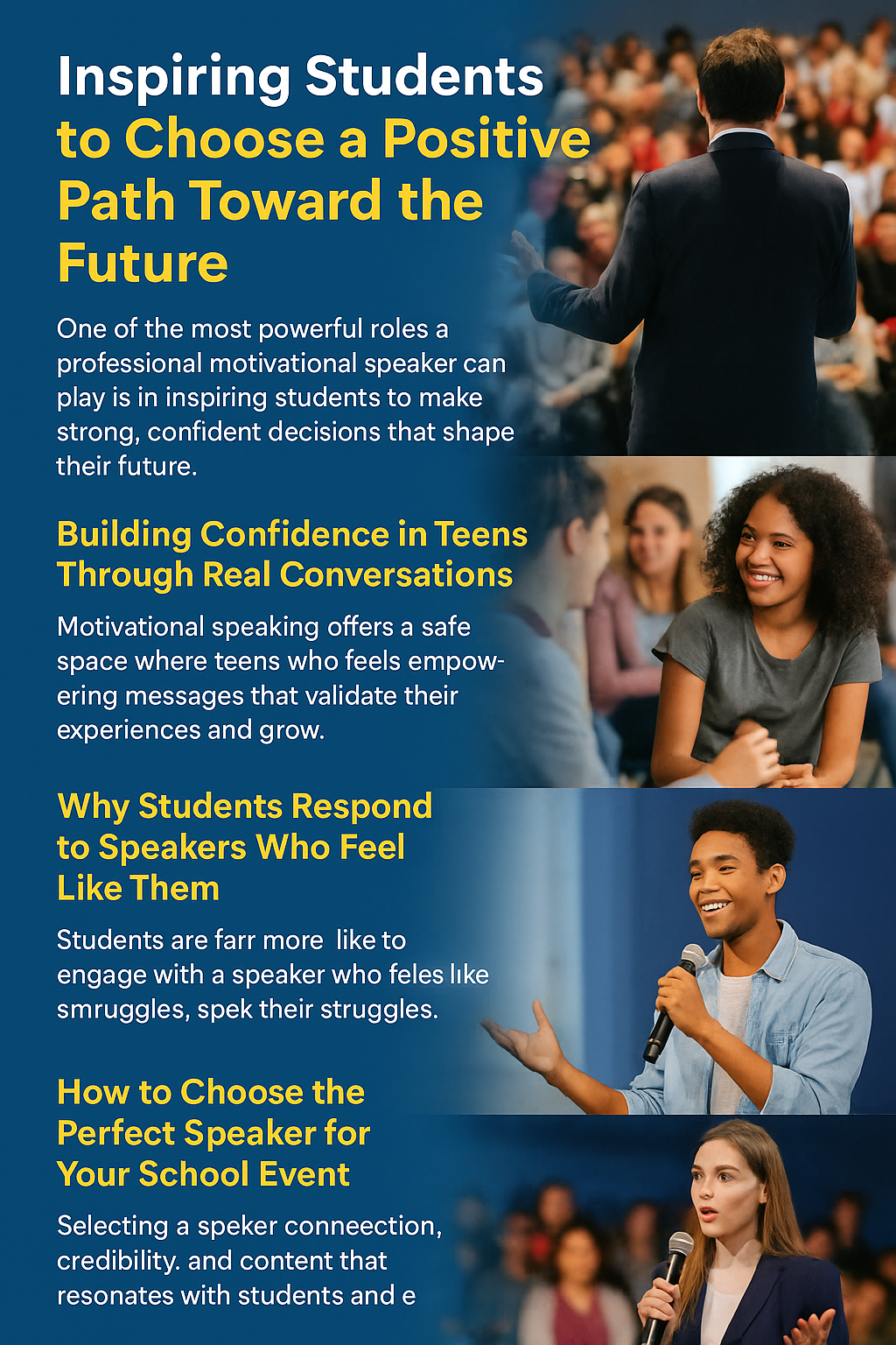 A speaker faces a large student audience. Text highlights how motivational speakers help students make confident decisions and find purpose.