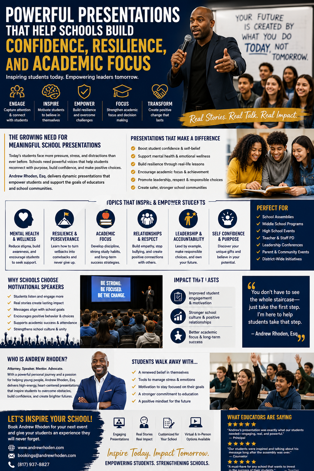 Powerful Presentations That Help Schools Build Confidence, Resilience, and Academic Focus.” The design uses bold navy blue, gold, and white colors with a modern educational theme. At the top, motivational speaker Andrew Rhoden speaks into a microphone in front of smiling students in a classroom. Large headline text highlights confidence, resilience, and academic focus as the core themes of the presentations.
The infographic is divided into multiple sections featuring icons, student photos, and educational messaging. Sections explain how school presentations can inspire, empower, engage, and motivate students while supporting mental health, emotional wellness, resilience, leadership, and academic achievement. Topics include self confidence, perseverance, bullying prevention, relationships and respect, leadership accountability, and social emotional learning.
Additional panels explain why schools invest in motivational speakers, how interactive school assemblies create lasting impact, and how presentations help middle school, high school, and K–12 students build confidence and focus. One section includes a quote from Andrew Rhoden encouraging students to take the first step toward change. Another section highlights benefits such as improved student engagement, stronger school culture, and long-term academic success.
The lower part of the poster features a professional portrait of Andrew Rhoden in a blue suit alongside text describing him as an attorney, speaker, mentor, and advocate dedicated to inspiring students and supporting educators. The poster also includes classroom images of students participating, listening, and raising their hands during presentations. At the bottom, contact information and booking details encourage schools to hire Andrew Rhoden for school assemblies, leadership events, district programs, and educational conferences.