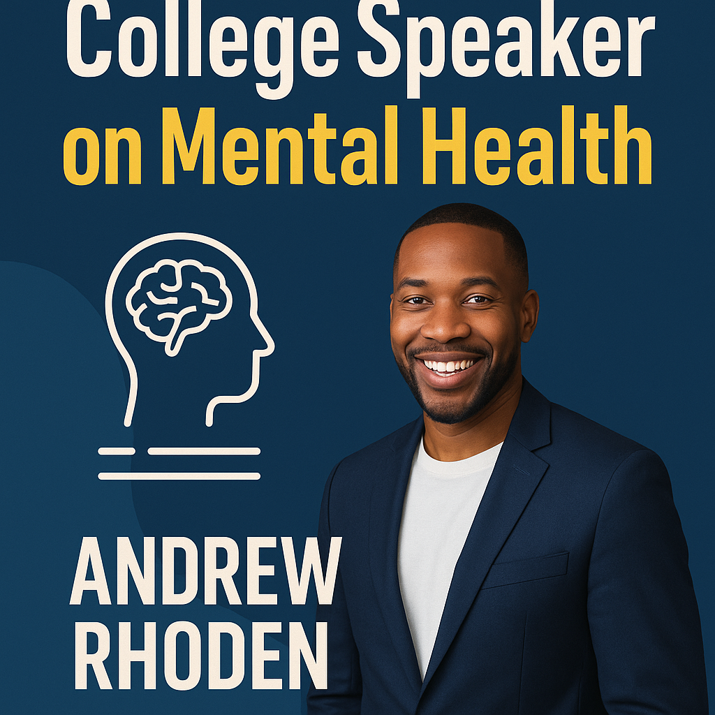 College Speaker on Mental Health.” On the left side is a simple white outline illustration of a human head with a brain inside. On the right side is a smiling man in a navy blazer and white shirt, identified in large white text below as “Andrew Rhoden