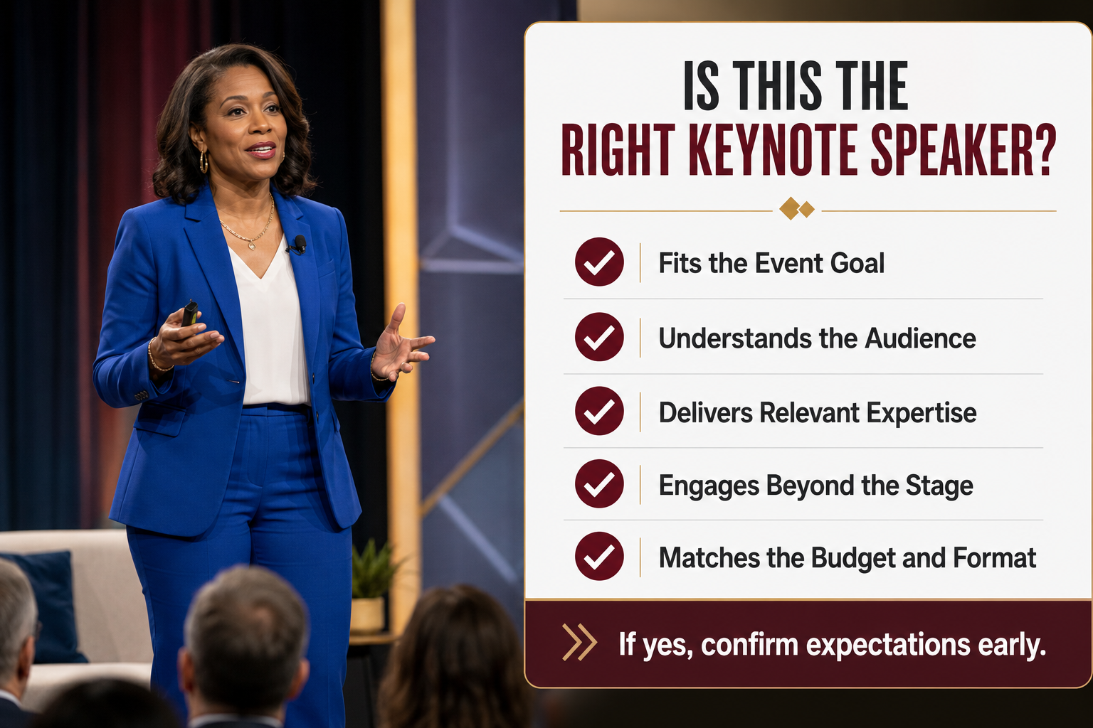 Keynote speaker decision checklist covering event goals, audience fit, expertise, engagement, budget, and presentation format.