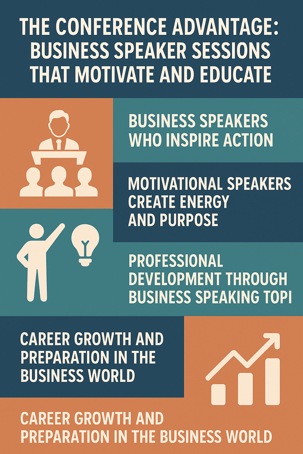 The Conference Advantage: Business Speaker Sessions That Motivate and Educate.” The poster uses a clean, color-blocked design in dark blue, teal, and muted orange with white text and icons. Sections highlight: (1) Business Speakers Who Inspire Action—icon of a speaker at a podium with an audience; (2) Motivational Speakers Create Energy and Purpose—icon of a person pointing to a light bulb; (3) Professional Development Through Business Speaking Topics—text block in teal; (4) Career Growth and Preparation in the Business World—icon of a rising bar chart with an upward arrow. The layout emphasizes motivation, energy, and professional growth through business speaker sessions.