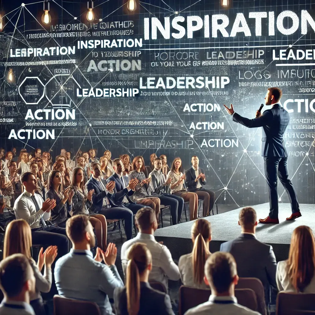 A motivational speaker stands on stage at a corporate event, passionately engaging an attentive audience. The speaker holds a microphone and gestures energetically, while a large screen behind them displays words like 