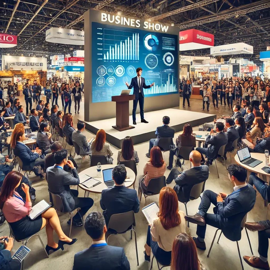 A man is giving a presentation to a large group of people at a business show.