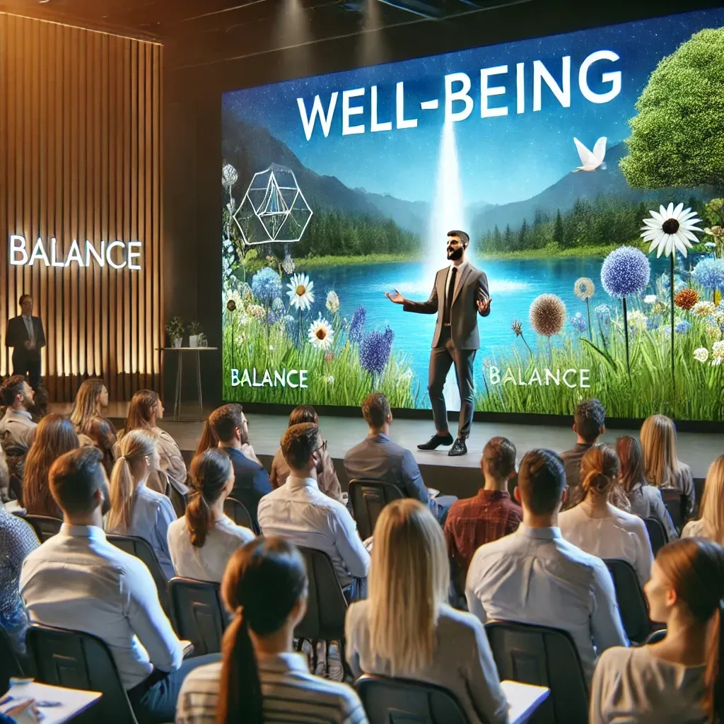 A motivational speaker stands on stage, engaging an attentive audience of employees with a presentation focused on mental health and well-being. The speaker gestures confidently, while a large screen behind them displays calming visuals and words like 