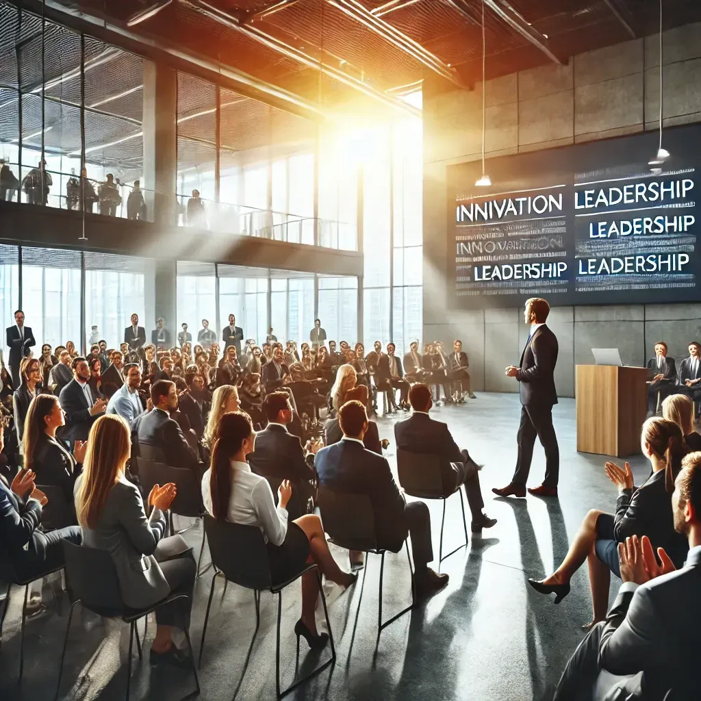 A man is giving a presentation to a large group of people in a conference room.