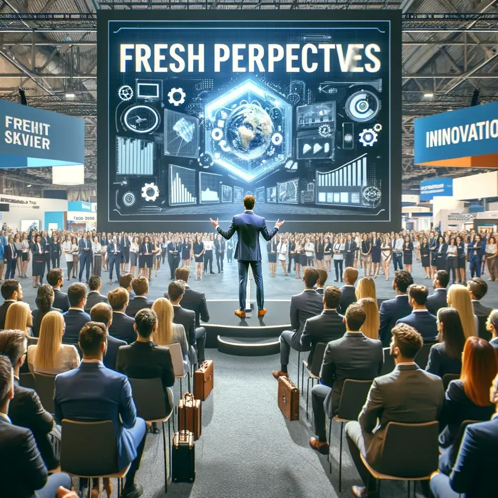A business speaker delivers a keynote address at a large trade show or conference, standing on a stage in front of a diverse and engaged audience. Behind the speaker, a large screen displays phrases like 