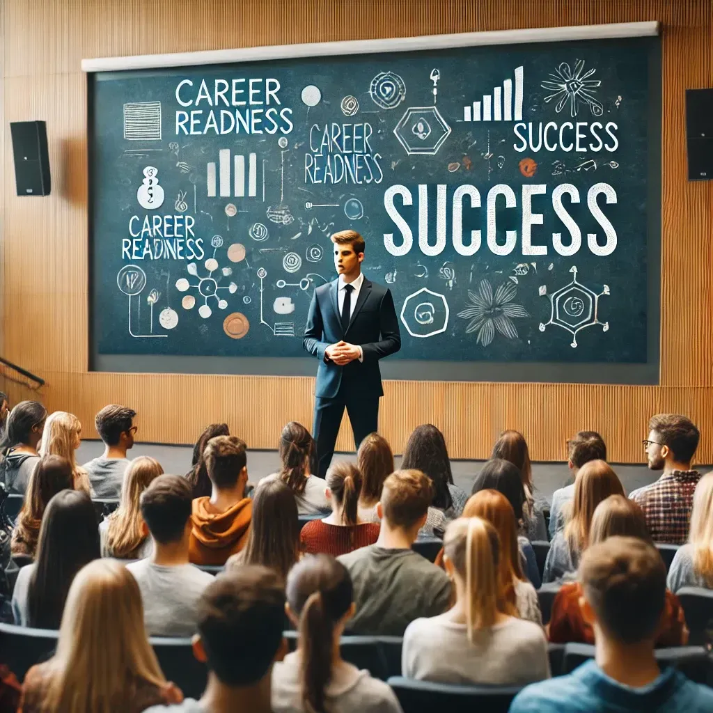 An educational speaker addresses a diverse group of university students in a large lecture hall. The speaker confidently shares insights, with a screen behind displaying phrases like