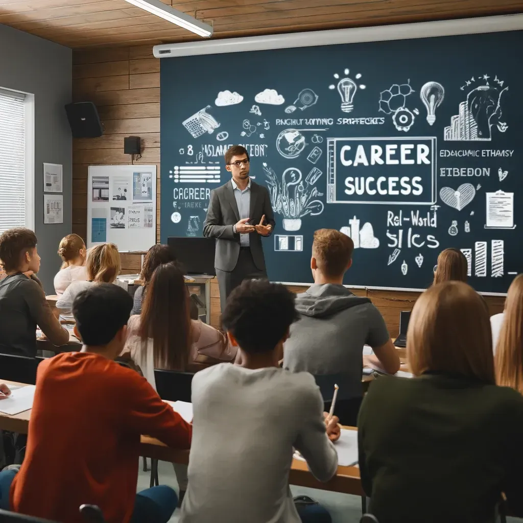 A man is giving a presentation to a group of students in a classroom.