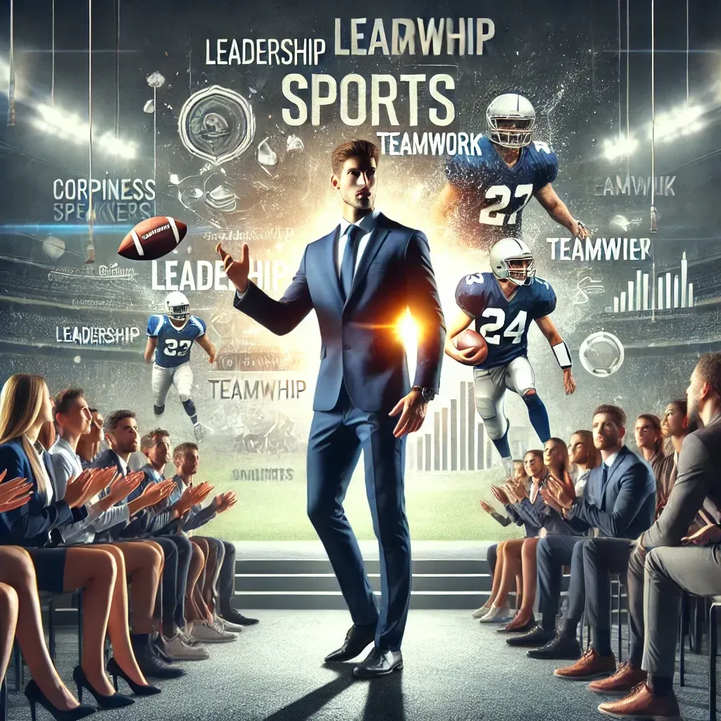 A sports speaker stands confidently on a stage, addressing a captivated audience that includes both corporate professionals and athletes. Behind the speaker, a large screen displays motivational words such as