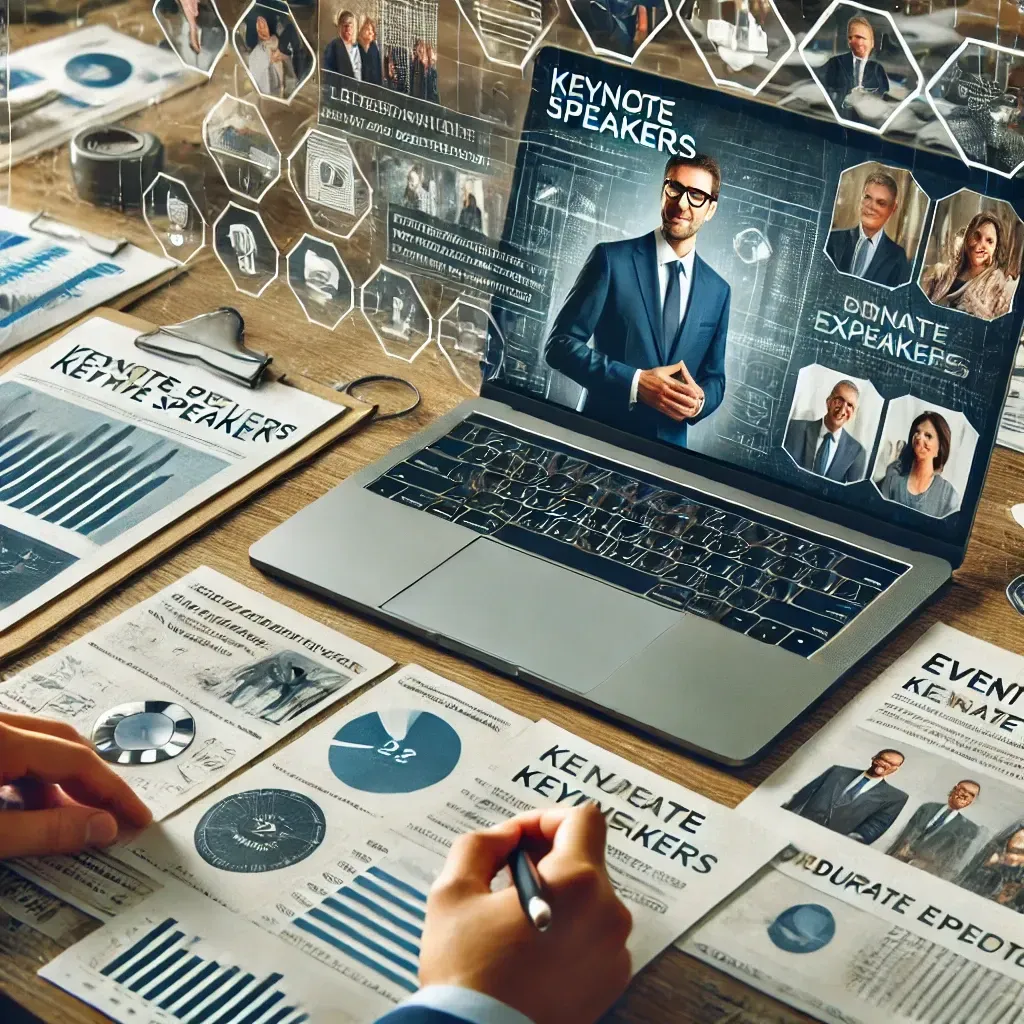 An event planner sits at a desk in a modern office, reviewing a list of potential keynote speakers on a laptop. Surrounding the laptop are papers and notes related to planning a corporate event, with details about speaker experience, industry expertise, and event goals. The scene reflects careful decision-making, with visuals of leadership and success subtly displayed on the laptop screen, such as images of past keynote speakers or events. The atmosphere conveys preparation and attention to detail for a successful event.