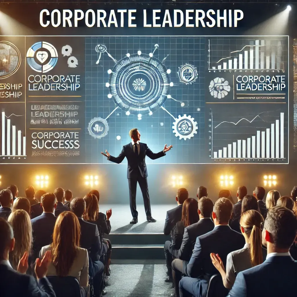 A motivational keynote speaker delivers an energetic and passionate presentation on stage at a corporate leadership event. The speaker gestures confidently, while a large screen behind them displays visuals related to leadership, success, and motivation. The audience, composed of business professionals, is fully engaged, with some attendees leaning forward and taking notes. The atmosphere reflects inspiration and focus, with lighting and branding elements enhancing the corporate leadership theme.