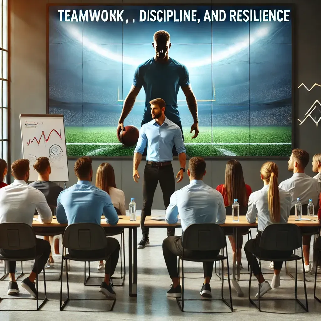 A corporate team meeting where a motivational sports speaker, a former athlete, is addressing employees. The speaker stands in front of a screen displaying a sports field, emphasizing key principles like teamwork, discipline, and resilience. The employees are engaged, listening attentively, with a sense of unity and motivation in the room. This scene highlights how sports motivation can inspire success in the corporate world.