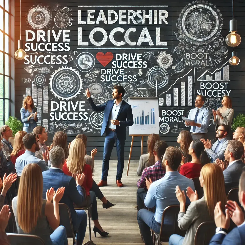 A leadership keynote speaker passionately addresses a local audience at a professional business conference. The speaker stands confidently on stage, using engaging hand gestures, while the diverse attendees listen attentively and take notes. The backdrop features visuals emphasizing leadership, teamwork, and innovation, with phrases like 'Drive Success' and 'Boost Morale,' highlighting the event's focus on inspiring and connecting with the local business community