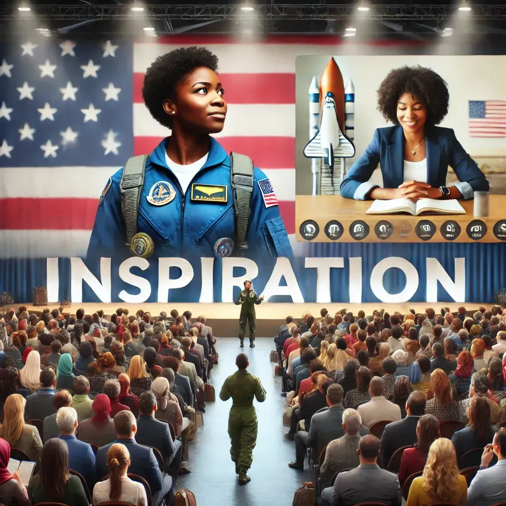 A black female combat pilot stands on stage at a motivational event, sharing her story of courage and resilience to an engaged, diverse audience, some of whom are taking notes. The auditorium is adorned with banners that read 'Inspiration' and 'Resilience.' A large screen displays a virtual event setup, featuring an American author delivering a leadership talk to an international audience, illustrating the combination of in-person and virtual event formats.