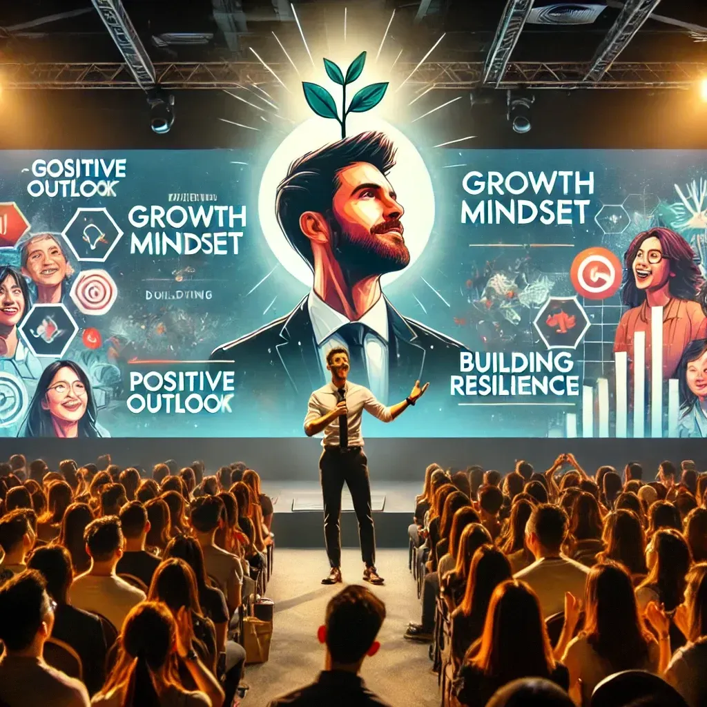 A motivational speaker on stage, inspiring an engaged audience about the importance of a growth mindset. The speaker addresses the crowd confidently, with visuals on a large screen emphasizing themes like 'Positive Outlook' and 'Building Resilience.' The uplifting atmosphere features attendees visibly moved and taking notes, highlighting the impact of motivational talks on personal growth and overcoming challenges.