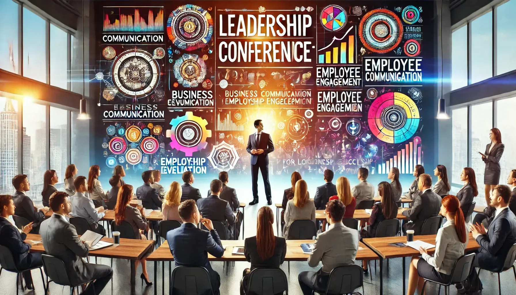 A dynamic leadership conference where a speaker presents to a diverse group of professionals on themes like business communication, employee engagement, and leadership development. The engaged audience is taking notes and interacting, reflecting the professional yet collaborative atmosphere focused on structured sessions for professional development and enhancing company culture.