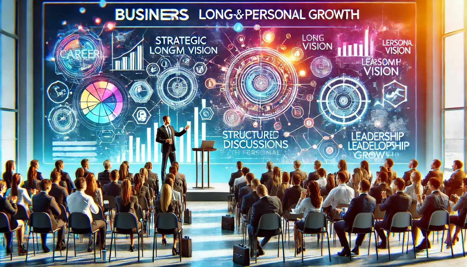 A lively conference setting where a keynote speaker engages a professional audience on career and personal growth topics, including strategic planning, long-term vision, and leadership. The audience is attentive and inspired, underscoring the value of structured discussions that promote both professional and personal development for lasting impact.