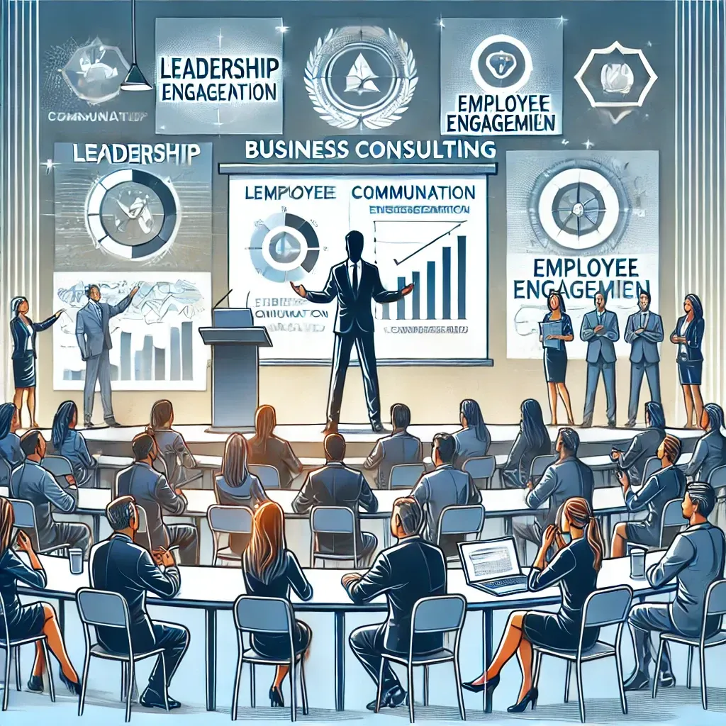 Illustration of a business consulting speaker delivering an engaging presentation at a professional conference, featuring visuals of leadership, communication, and employee engagement strategies in a modern conference setting.