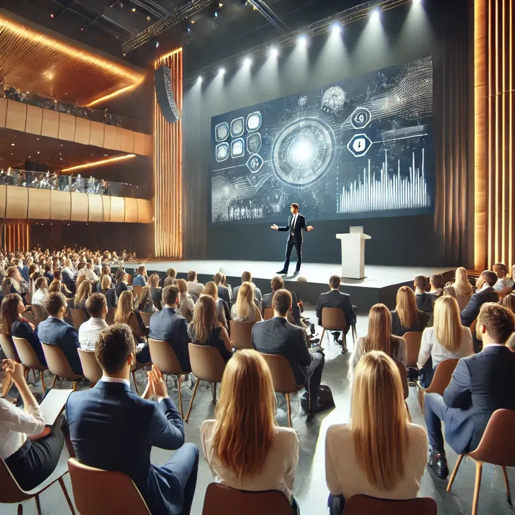 A man is giving a presentation to a large group of people in an auditorium.