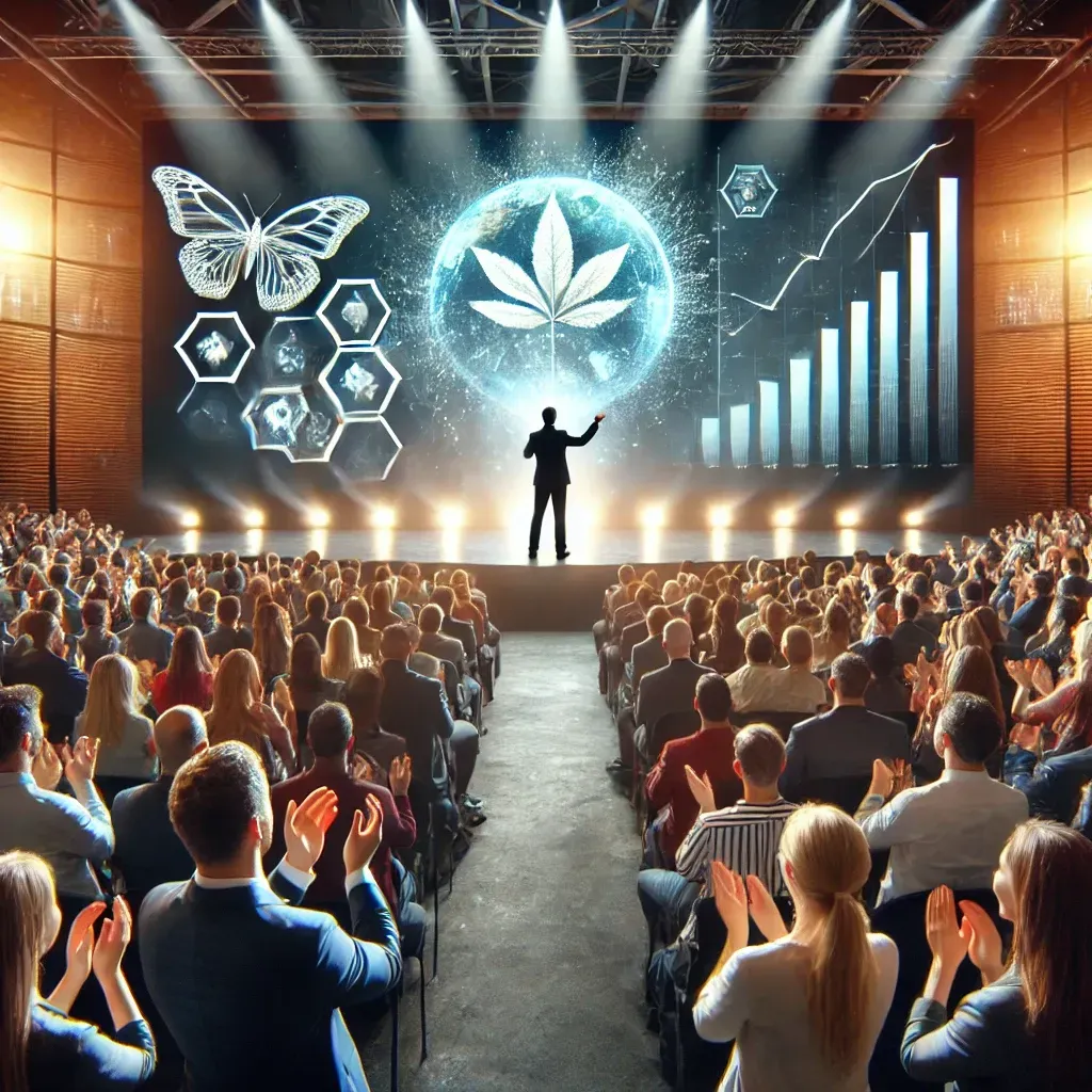 A man is giving a presentation in front of a large crowd