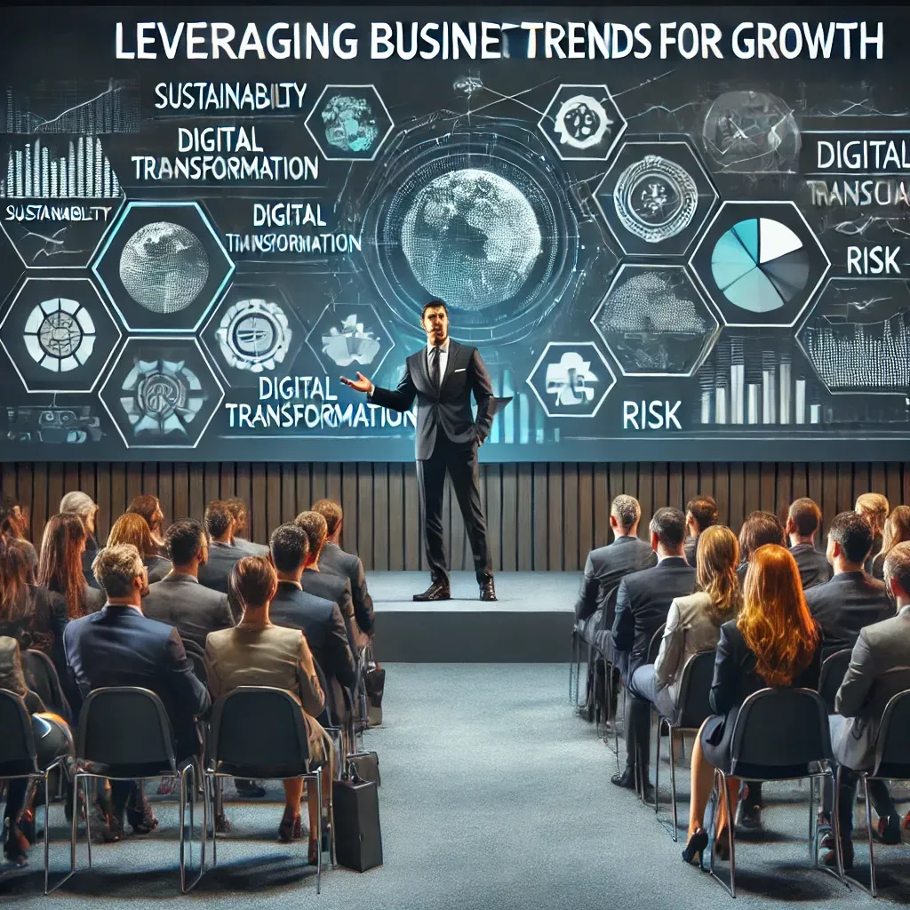 A business speaker addressing a trade association on leveraging trends like sustainability, digital transformation, and risk management. The speaker stands on a stage with a screen displaying relevant visuals. The engaged audience, consisting of diverse professionals, listens attentively in a modern conference hall with a collaborative and innovative atmosphere.