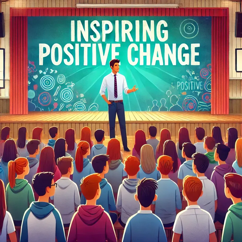 A vibrant school auditorium where a motivational speaker confidently addresses an engaged group of students. The backdrop reads