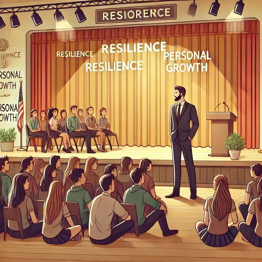 A school auditorium where a motivational speaker engages with students, sharing impactful stories from the stage. Students listen attentively, some taking notes, while a backdrop displays words like