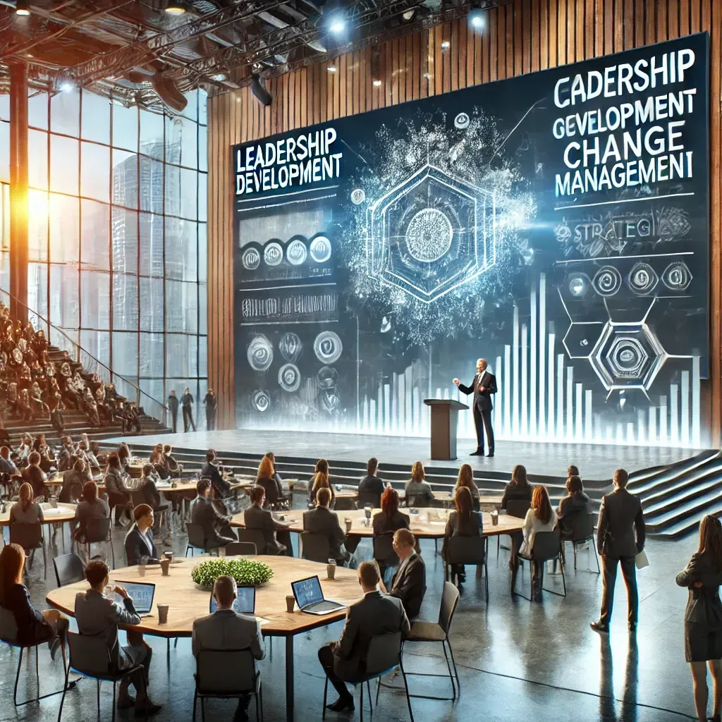 A keynote speaker addresses corporate leaders in a modern conference setting, with visuals of leadership development, change management, and decision-making strategies on a large screen. The engaged audience highlights collaboration and innovation, showcasing the transformative impact of the speech on organizational growth.
