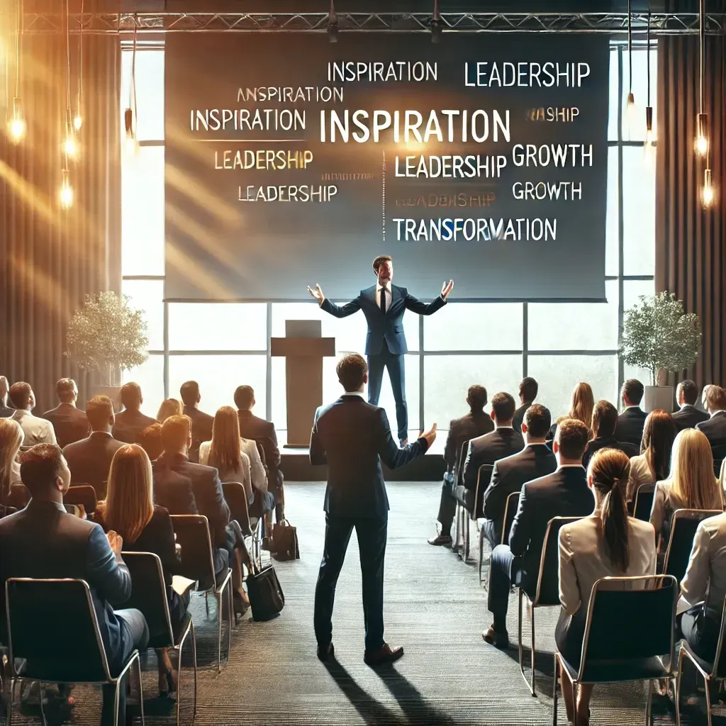 A motivational speaker dynamically addressing a captivated corporate audience in a well-lit conference room, with a presentation screen displaying keywords like 'Inspiration,' 'Leadership,' and 'Growth,' symbolizing engagement and professional transformation.