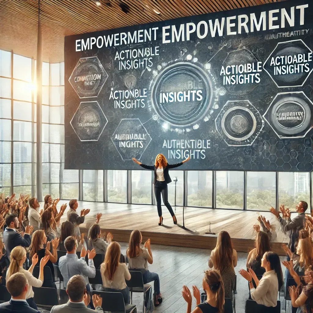 A motivational speaker passionately engaging with a diverse audience in a modern conference hall, with a presentation screen displaying keywords like 'Empowerment,' 'Actionable Insights,' and 'Authenticity,' highlighting connection and inspiration.