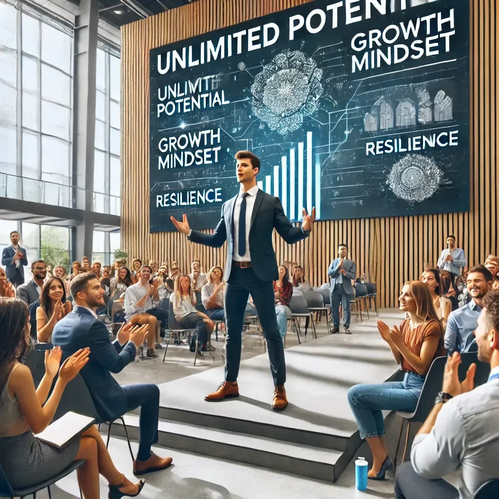 A motivational speaker, Andrew Rhoden, delivering an empowering presentation on personal development in a modern auditorium, with a screen displaying phrases like 'Unlimited Potential,' 'Growth Mindset,' and 'Resilience,' and an engaged audience taking notes and clapping.