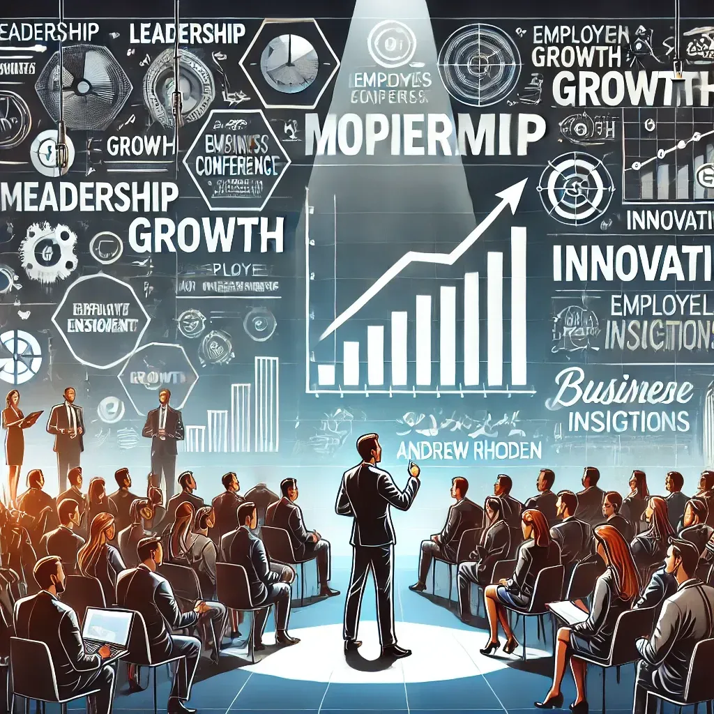 An illustration of a motivational speaker addressing an engaged audience at a business conference. The speaker stands on a stage with a screen displaying words like