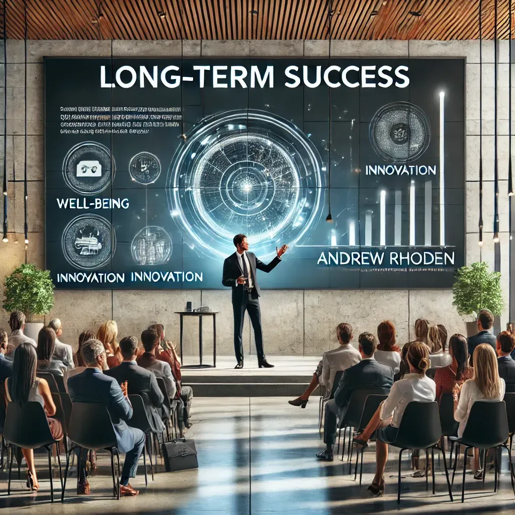 A man is giving a presentation to a group of people in front of a large screen.