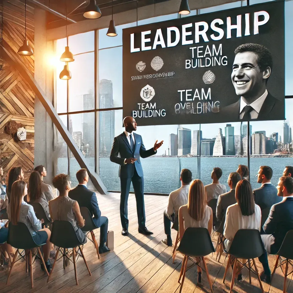 A man is giving a presentation to a group of people in front of a large screen.