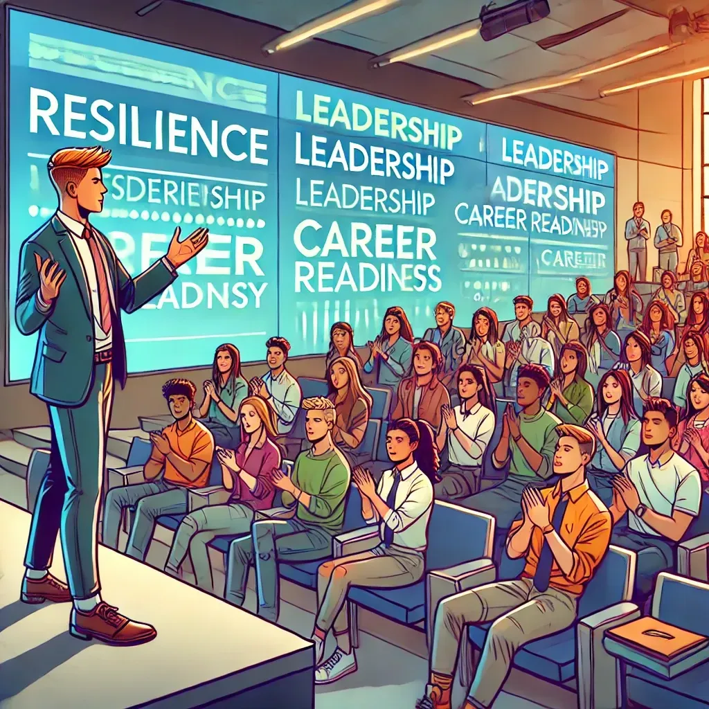 A dynamic youth speaker engages college students in a modern lecture hall, using expressive gestures and a screen displaying themes like