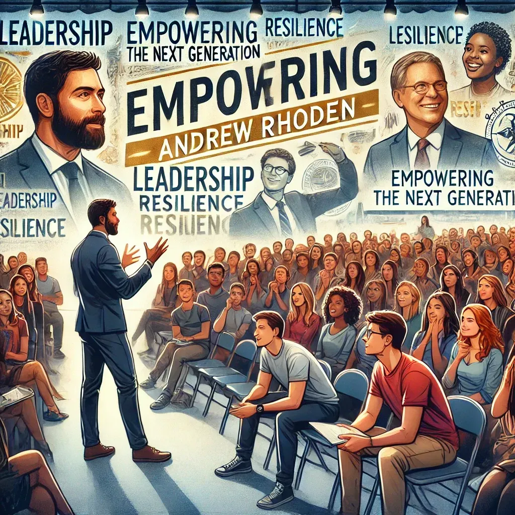 An illustration of Andrew Rhoden as a college speaker addressing an engaged audience of college students in an auditorium. The scene highlights Andrew delivering a motivational talk on leadership, resilience, and empowerment, with students listening attentively and taking notes. A banner reading